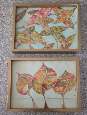 Vintage Framed Abstract Leaf Art - Orange & Green Watercolor Pair
